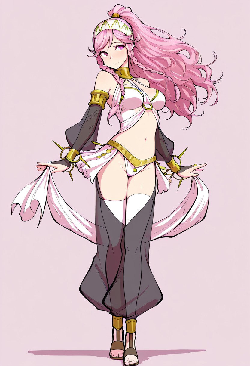 masterpiece, best quality, crimsonj-girl.fightil, , , 
  1girl, Olivia, pink hair, long hair, braid, twin braids, side braid, ponytail, hairband, pink eyes, medium breasts, dancer, midriff, bare shoulders, bridal gauntlets, navel, sandals, thighhighs
looking at viewer,
simple background , perfect anatomy