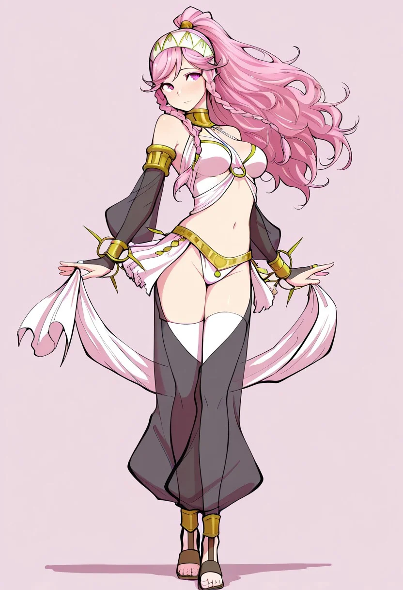 masterpiece, best quality, crimsonj-girl.fightil, , ,
1girl, Olivia, pink hair, long hair, braid, twin braids, side braid, ponytail, hairband, pink eyes, medium breasts, dancer, midriff, bare shoulders, bridal gauntlets, navel, sandals, thighhighs
looking at viewer,
simple background , perfect anatomy