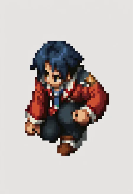 score_9, score_8_up, score_7_up, source_anime, BREAK, solo, 1boy, <lora:FFT-SpritesV2-pdxl_Fp:1>, full body, kneeling, pixel art, pixel art, <lora:rean-pdxl-nvwls-v1:1>, sen1rean, black hair, school uniform, red blazer, necktie, black pants, from side,