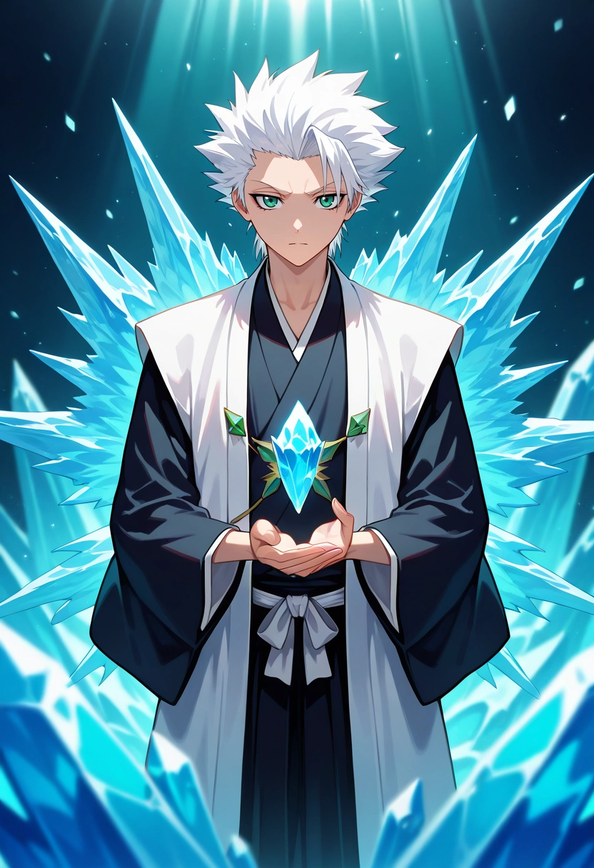 masterpiece, best quality, , , looking at viewer, depth of field, 1boy, solo, male focus, <lora:toushirou_hitsugaya_ilxl:0.98>, toushirou_hitsugaya, white hair, green eyes, spiked hair, , japanese clothes, haori. , ice, bankai, ice palace, frozen throne, crystal chandeliers, frost patterns, regal pose, dignified expression, filtered sunlight,