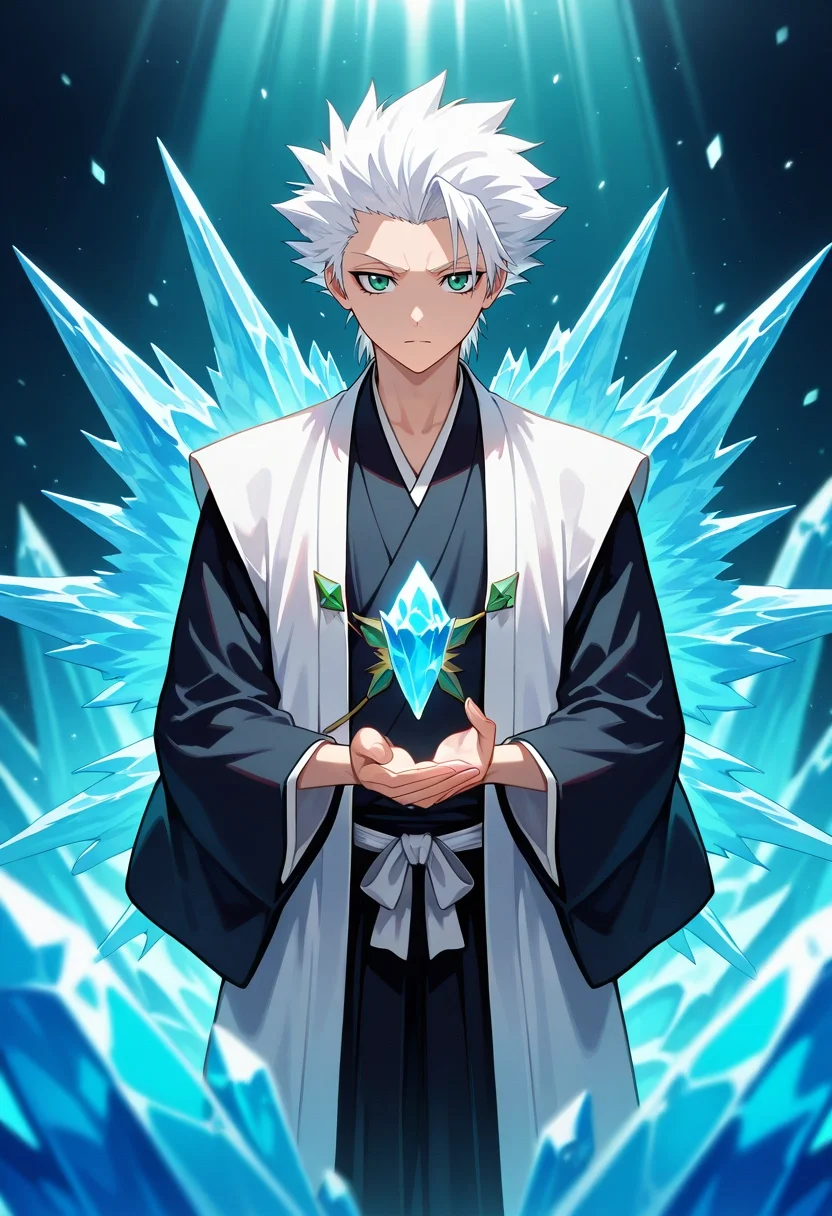 masterpiece, best quality, , , looking at viewer, depth of field, 1boy, solo, male focus, <lora:toushirou_hitsugaya_ilxl:0.98>, toushirou_hitsugaya, white hair, green eyes, spiked hair, , japanese clothes, haori. , ice, bankai, ice palace, frozen throne, crystal chandeliers, frost patterns, regal pose, dignified expression, filtered sunlight,