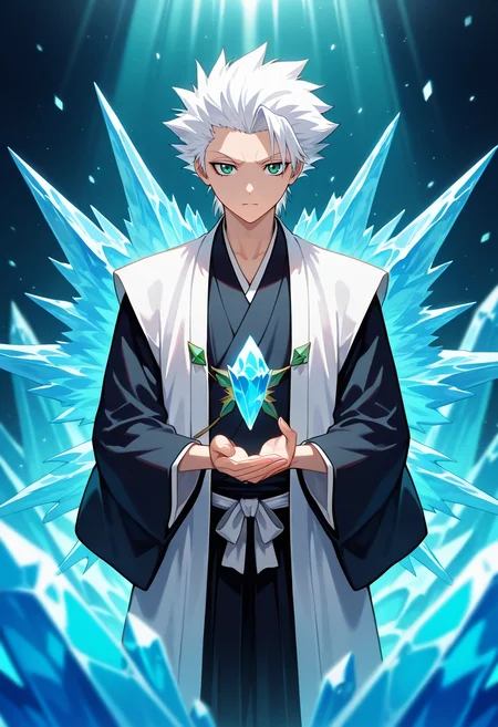 masterpiece, best quality, , , looking at viewer, depth of field, 1boy, solo, male focus, <lora:toushirou_hitsugaya_ilxl:0.98>, toushirou_hitsugaya, white hair, green eyes, spiked hair, , japanese clothes, haori. , ice, bankai, ice palace, frozen throne, crystal chandeliers, frost patterns, regal pose, dignified expression, filtered sunlight,