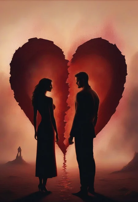 romantic fantasy image, a disappointed man in love and a disappointed woman in love, standing with their backs to each other, behind them is a smoldering smoldering heart broken in two. broken valentine's day.