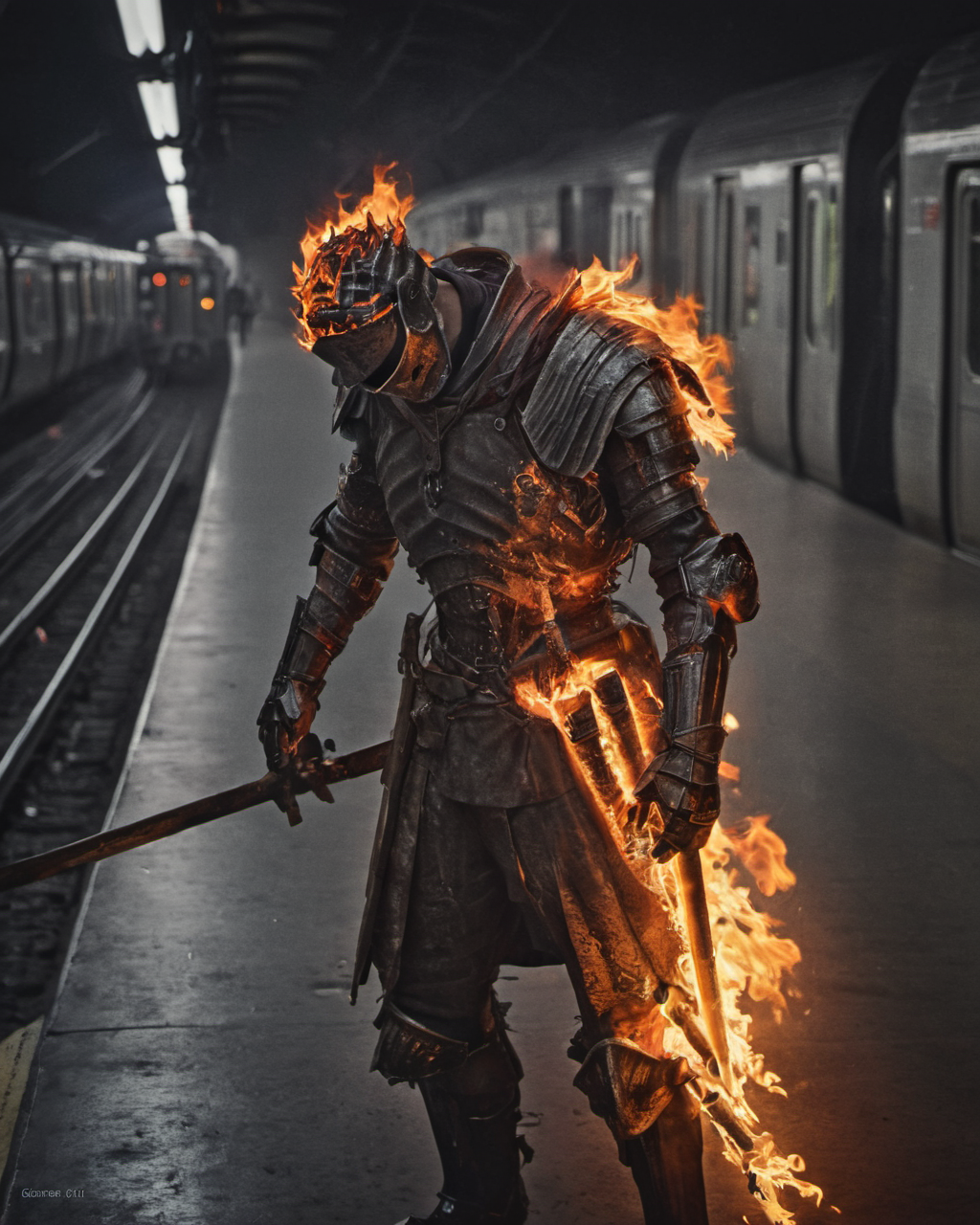 hyperdetailed photography,masterpiece,awardwinning,128k uhd,cndrlord,inpatient man in a flaming armor waiting for a train in a subway,<lora:lordofcinders:0.7>,raw photo,sharp focus,bokeh,epic