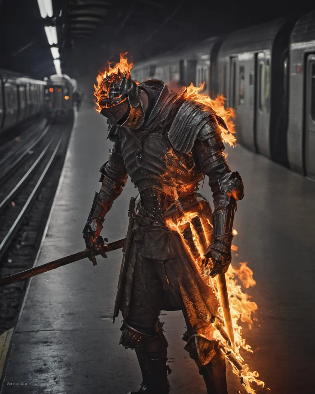hyperdetailed photography,masterpiece,awardwinning,128k uhd,cndrlord,inpatient man in a flaming armor waiting for a train in a subway,<lora:lordofcinders:0.7>,raw photo,sharp focus,bokeh,epic