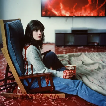 cinematic film still of <lora:perfection style:0.5> <lora:detailed:0.5> perfection detailed
<lora:The Shining film style:0.9>
<lora:1980's style:0.3>
In the 1980's in the Colorado Rocky Mountains a room with a huge waves of red blood on the floor,1girl,solo,sitting,indoors,blood,bed,chair,television,red theme,blood splatter,horror (theme) , cinematic, film, kodak, The Shining film style, shallow depth of field, vignette, highly detailed, high budget, bokeh, cinemascope, moody, epic, gorgeous, film grain, grainy