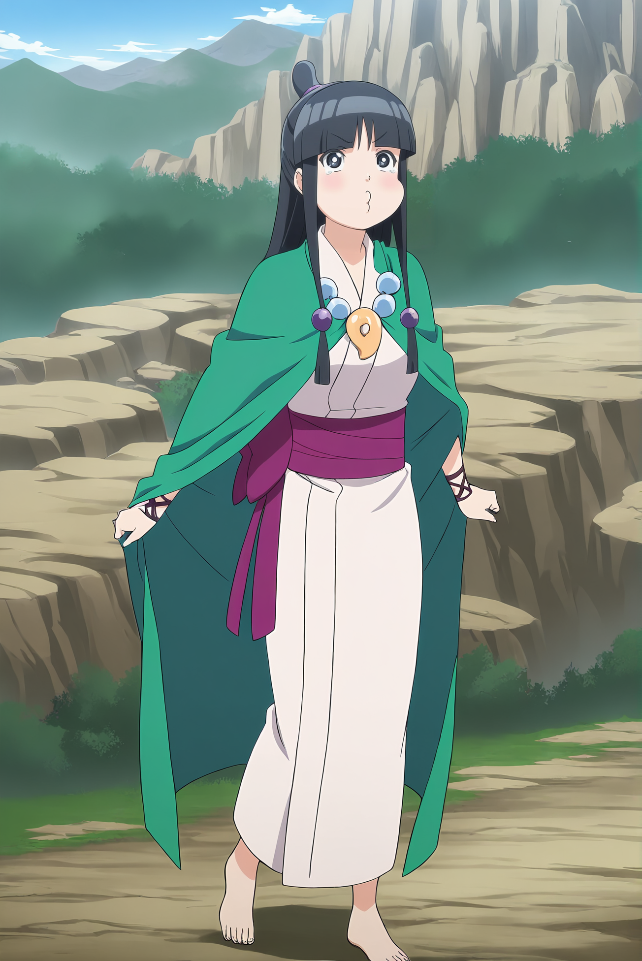 anime screencap,anime coloring,detailed face,masterpiece,best quality,very aesthetic,absurdres,amazing quality,ultra detailed,highres,amazing quality,scenery,beautiful detailed hair,beautiful detailed eyes,official anime artwork,<lora:Maya Fey-IL V1:1>,Maya Fey,1girl,solo,black hair,long hair,half updo,hair ornament,blunt bangs,sidelocks,
barefoot,white kimono,necklace,magatama,jewelry,o3o,green cape,