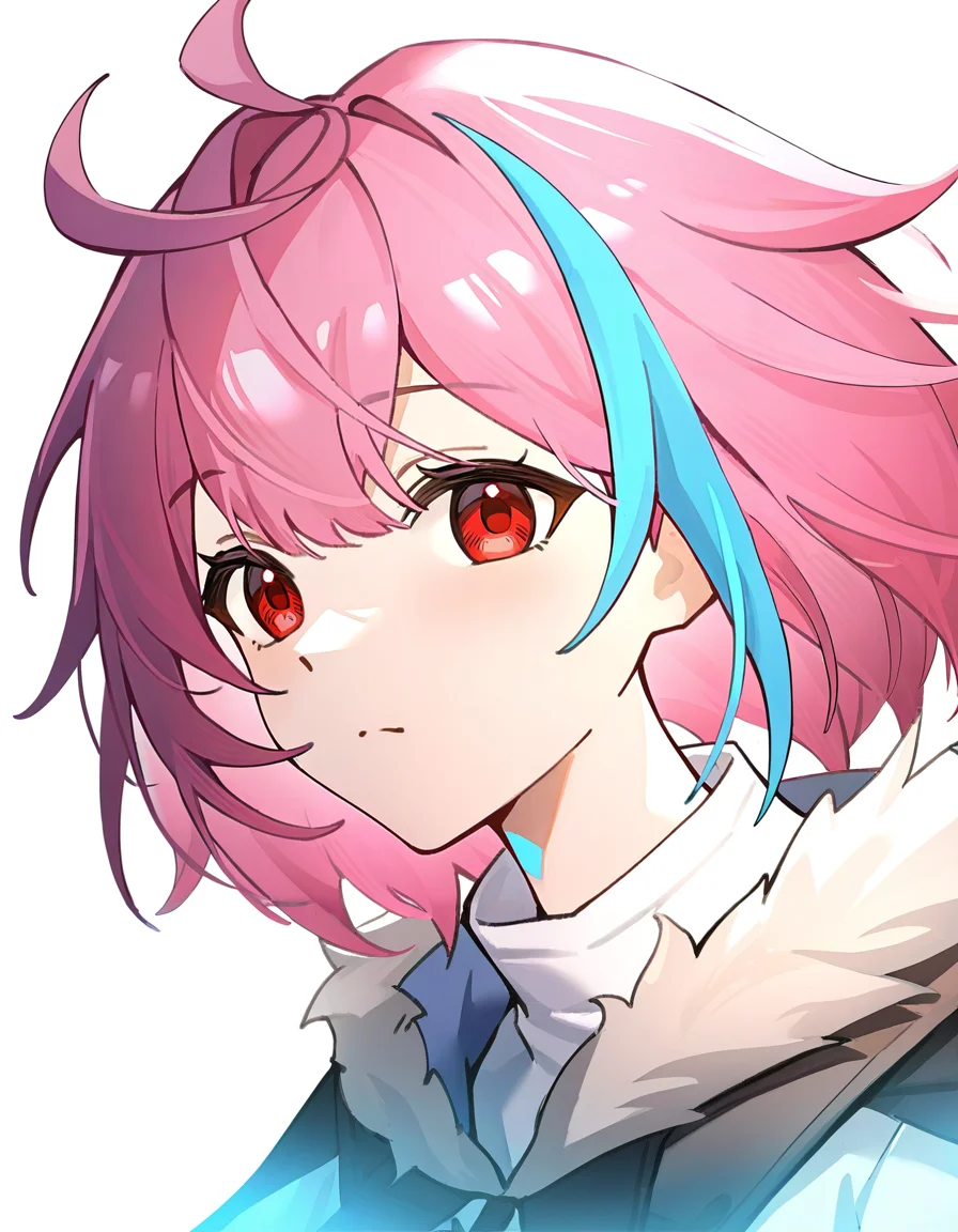 white background,simple background,wind,looking at viewer,<lora:xialuo_noob:0.9>,xialuo,1girl,solo,red eyes,pink hair,multicolored hair,blue hair,ahoge,short hair,streaked hair,bangs,
masterpiece,best quality,very aesthetic,absurdres,