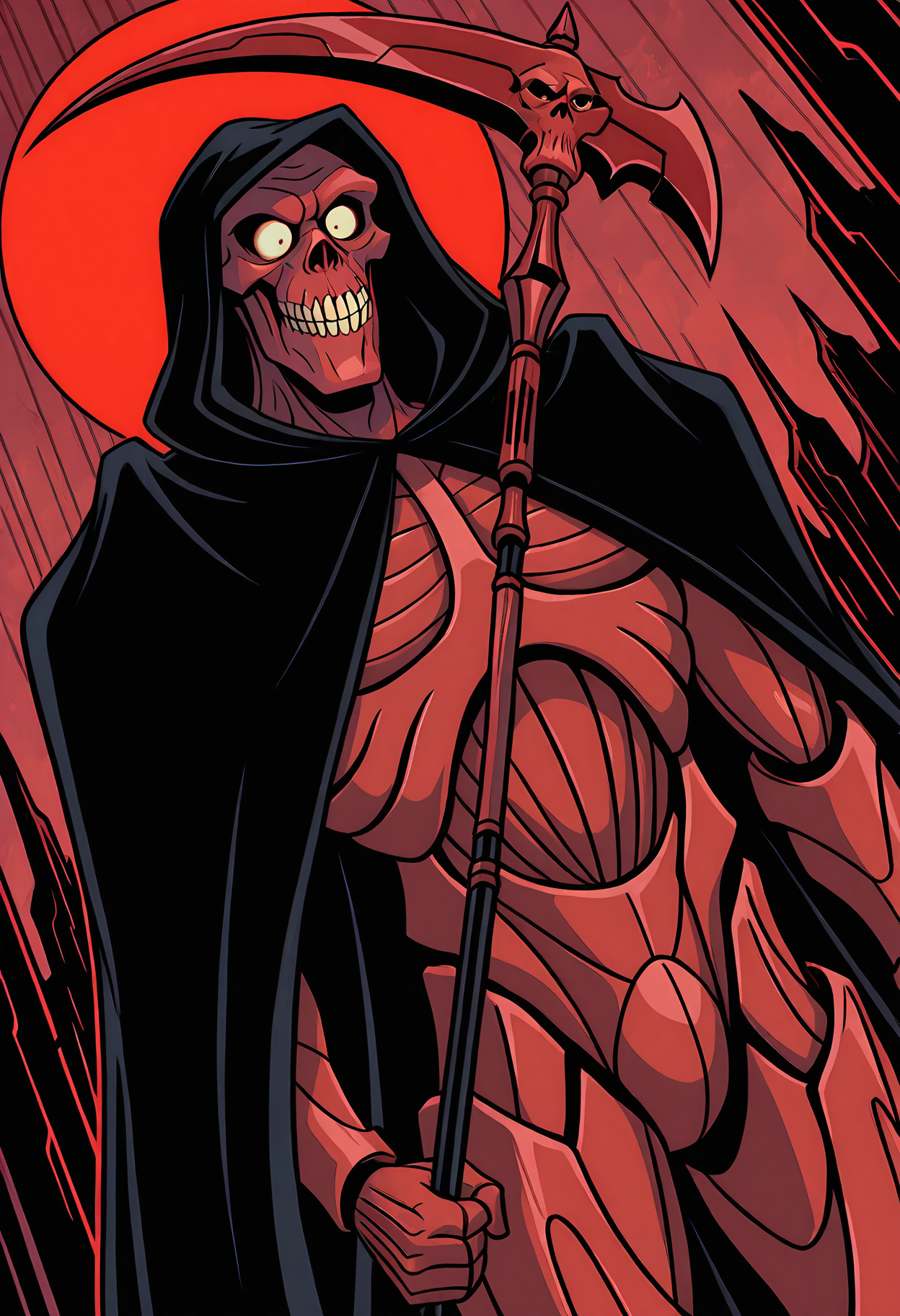 masterpiece, best quality, amazing quality, dutch angle, dynamic angle, abstract background, BREAK
solo, male, vb_reddeath, red body, skull head, teeth, white sclera, black hooded cape, hood up, cape, scythe, holding, BREAK
 <lora:cfg_scale_boost:.5> <lora:Red_Death_-_The_Venture_Brothers_-_ILXL:1>