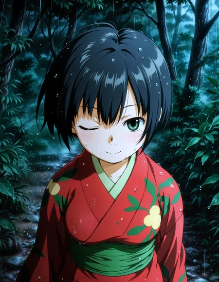 (1girl, solo:1.3), (2girls, 3girls, 4girls, multiple girls, 2boys, 3boys, 4boys, multiple boys:-1.5) <lora:Ioroi_Renzu_Mushi-shi_Illustrious:0.9>, ioroi_renzu, medium breasts, grey eyes, green eyes, black hair, short hair, bob cut, bangs, hair between eyes, japanese clothes, kimono, red kimono, obi, green obi, sandals smile, (tongue out:0.7), one eye closed, general, contrapposto, dynamic pose, pointing at viewer, upper body, from behind, from above, , outdoors, forest, japanese forest, japanese shrine, (torii:-1.0), A green forest with tall trees and dense foliage, an abstract depiction of a tranquil forest scene, where the towering trees create a serene, mystical atmosphere. The forest floor is covered with rich greenery, and the soft natural light filters gently through the leaves, subtly illuminating the scene without overpowering the natural beauty of the surroundings. noon, fog, rain, , night, , from above, , straight-on, (light leaks:1.1), <lora:NOOB_EPSv1_1_detailer_by_vlnvk_v1_0:1.5>, (photo background:0.7), evening, (tachibana yuu:0.6), inue shinsuke, (kazuma muramasa:0.0), saikawa yusa, (aoi manabu:0.6), abarerumidori, (suzui narumi:0.6), masterpiece, newest, absurdres, 8K, anime screenshot, anime coloring, flat color, official art, film grain, <lora:illustriousXLv01_stabilizer_v1.185c:0.7>, <lora:LECO_Solo:-4.0>,