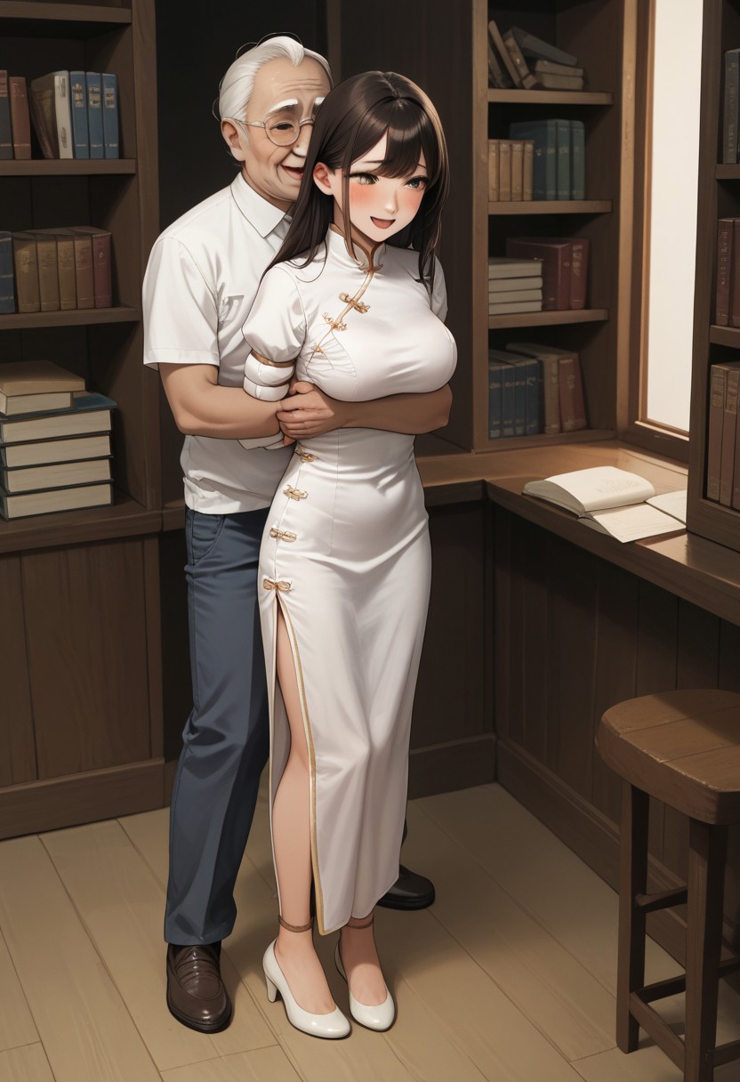An old-fashioned study, wooden bookshelves, a screen,full body,1girl,
long hair,white long cheongsam,hands behind back,rope bound arms,squishing, score_9, score_8_up, score_7_up, score_6_up source_anime, blush, 1girl, seduce smile, perfect body , natural big breasts, orgasm,open mouth,blush,
thin man,old man, clothed male,face to face,grabbing from behind,breast squeeze,