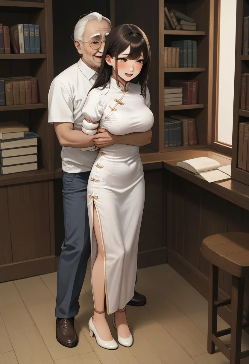 An old-fashioned study, wooden bookshelves, a screen,full body,1girl,
long hair,white long cheongsam,hands behind back,rope bound arms,squishing, score_9, score_8_up, score_7_up, score_6_up source_anime, blush, 1girl, seduce smile, perfect body , natural big breasts, orgasm,open mouth,blush,
thin man,old man, clothed male,face to face,grabbing from behind,breast squeeze,