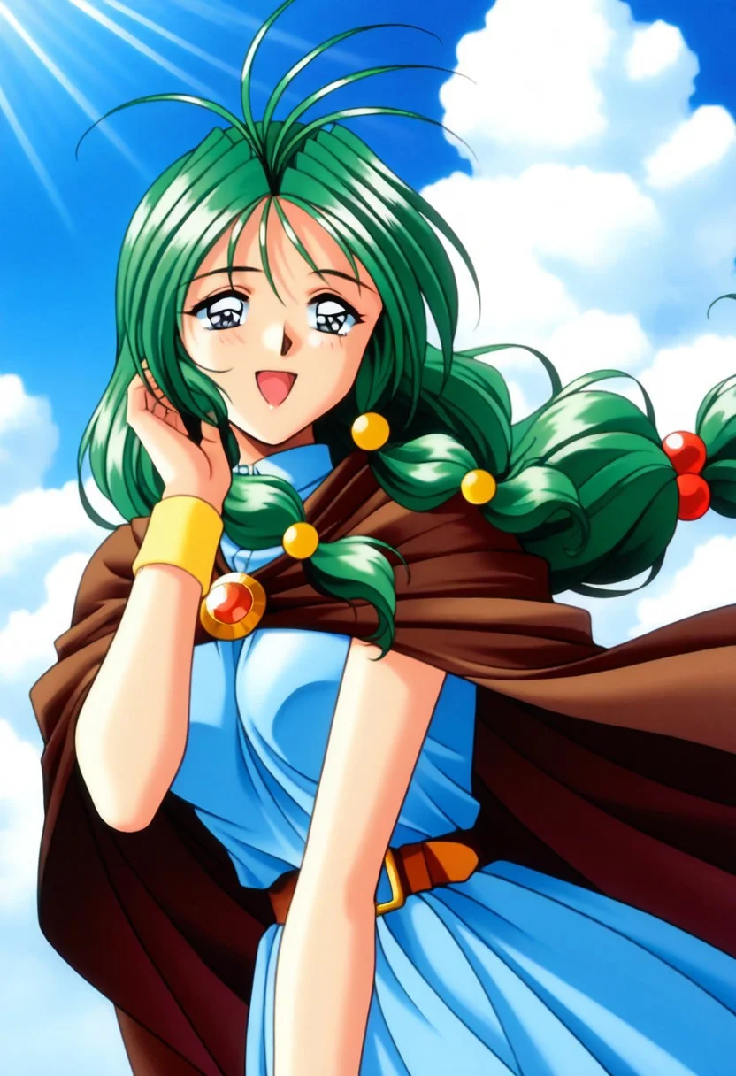 masterpiece, best quality, amazing quality, very aesthetic, high resolution, 1girl, cowboy shot, anime-style, digital art, high resolution, cute girl, smiling, sunlight, bright, clear sky, blue sky, clouds, daytime, outdoor, wind blowing her hair, dynamic pose, cheerful mood, light reflections, detailed background, high quality, beautiful, attractive, light rays, bright lighting, sky, joyful, happy, energetic, bright atmosphere, detailed shading, anime aesthetics, vibrant, lively, braid, jewelry, belt, cape, blue dress, wristband, retro artstyle, 1990s \(style\),
clairemm, blue eyes, green hair, antenna hair, long hair, low-tied long hair, hair bobbles, medium breasts, mature female,