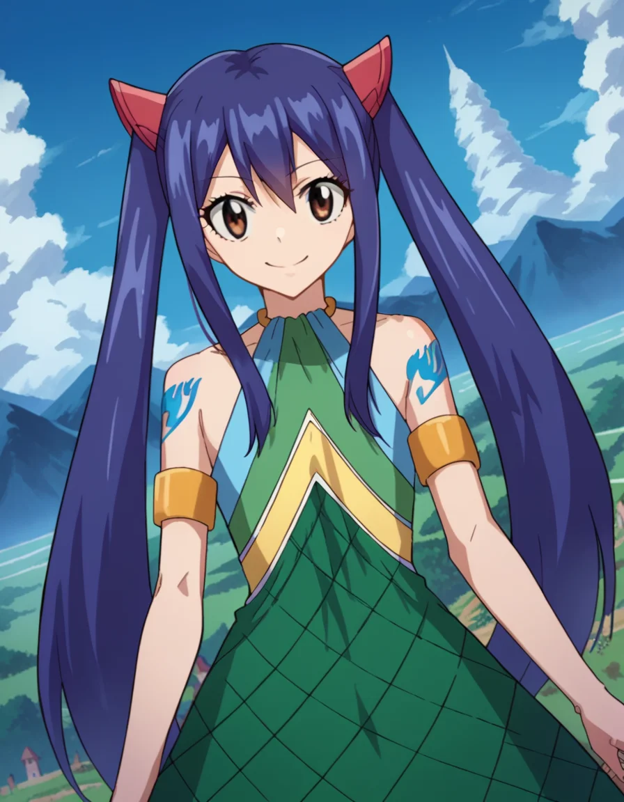 score_9, score_8_up, score_7_up, source_anime,
wendymarvell, <lora:wendy-marvell-s7-ponyxl-lora-nochekaiser:1>
wendy marvell, long hair, hair ornament, twintails, brown eyes, blue hair,
bare shoulders, tattoo, armlet, dress, green dress,
outdoors, landscape, smile,
looking at viewer, dutch angle, cowboy shot