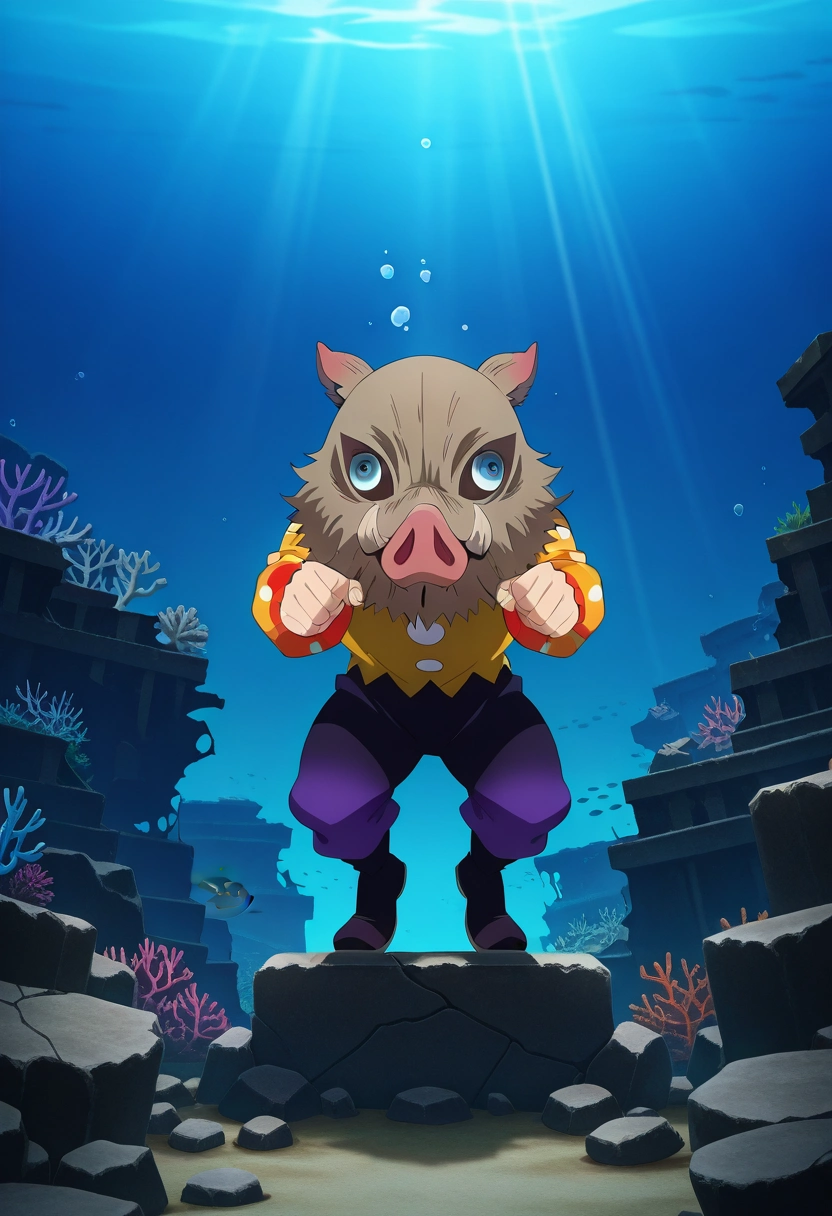 masterpiece, best quality, , anime screencap, anime coloring, official style, looking at viewer, 1boy, solo, male focus, <lora:inosuke_hashibira_ilxl:1>, inosuke_hashibira, , boar mask, underwater ruins, coral growth, fish schools, ancient stones, exploring pose, curious expression, filtered light, clown costume