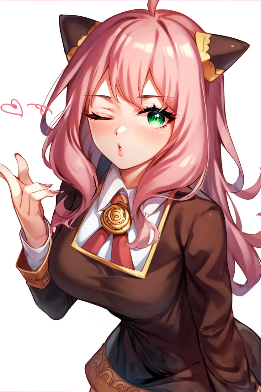 score_9, score_8_up, score_8, medium breasts, (curvy), cute, eyelashes,      ,,,   zzAnya, looking at viewer, blush, simple background, shirt, long sleeves, white background, dress, ribbon, school uniform, white shirt, heart, parted lips, one eye closed, collared shirt, hand up, black dress, neck ribbon, gold trim, ;o, puckered lips, blowing kiss, eden academy school uniform , <lora:AdultAnyaPDXL:1.0>,   ,,, smile, looking at viewer,  ,,, embedding:zPDXL, Expressiveh, <lora:SDXLFaeTastic2400:0.5>,  <lora:Expressive_H-000001:0.4>,