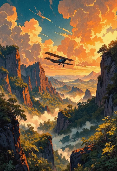 Highly detailed, intricate linework, concept painting with expressive contrasts, blending soft lighting with dramatic highlights. A vintage 1930s biplane soaring through vast, mist-covered mountainous jungle. The golden-orange hues of the setting sun cast a fiery glow over the sky, illuminating the billowing clouds and reflecting off the polished metal of the biplane’s wings. The plane flies through a vast canyon covered in dense tropical foliage. DB4RZ, DB4RZ style painting