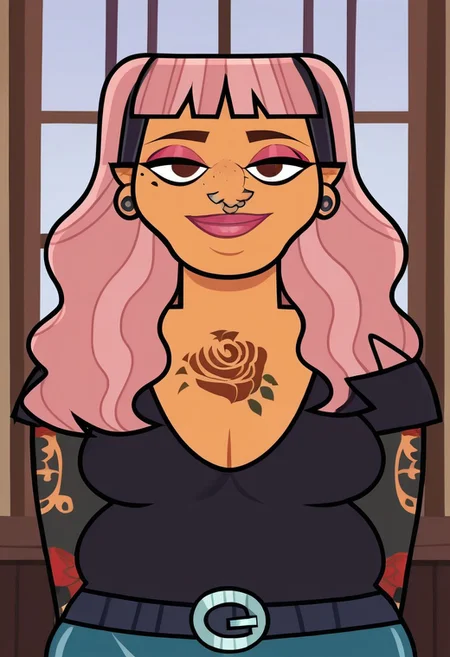 score_9,score_8_up,score_7_up, 1girl, solo, Natalia_DC, light-medium skin, hair, brown eyes, pastel pink hair, long hair, sharp bangs, black headband, pink eyeshadow, pink lips, septum piercing, gauged earrings, tattoos, black scoop-neck top, looking at viewer, indoors, room background, (perfect eyes, perfect smile) (portrait) full-figured build