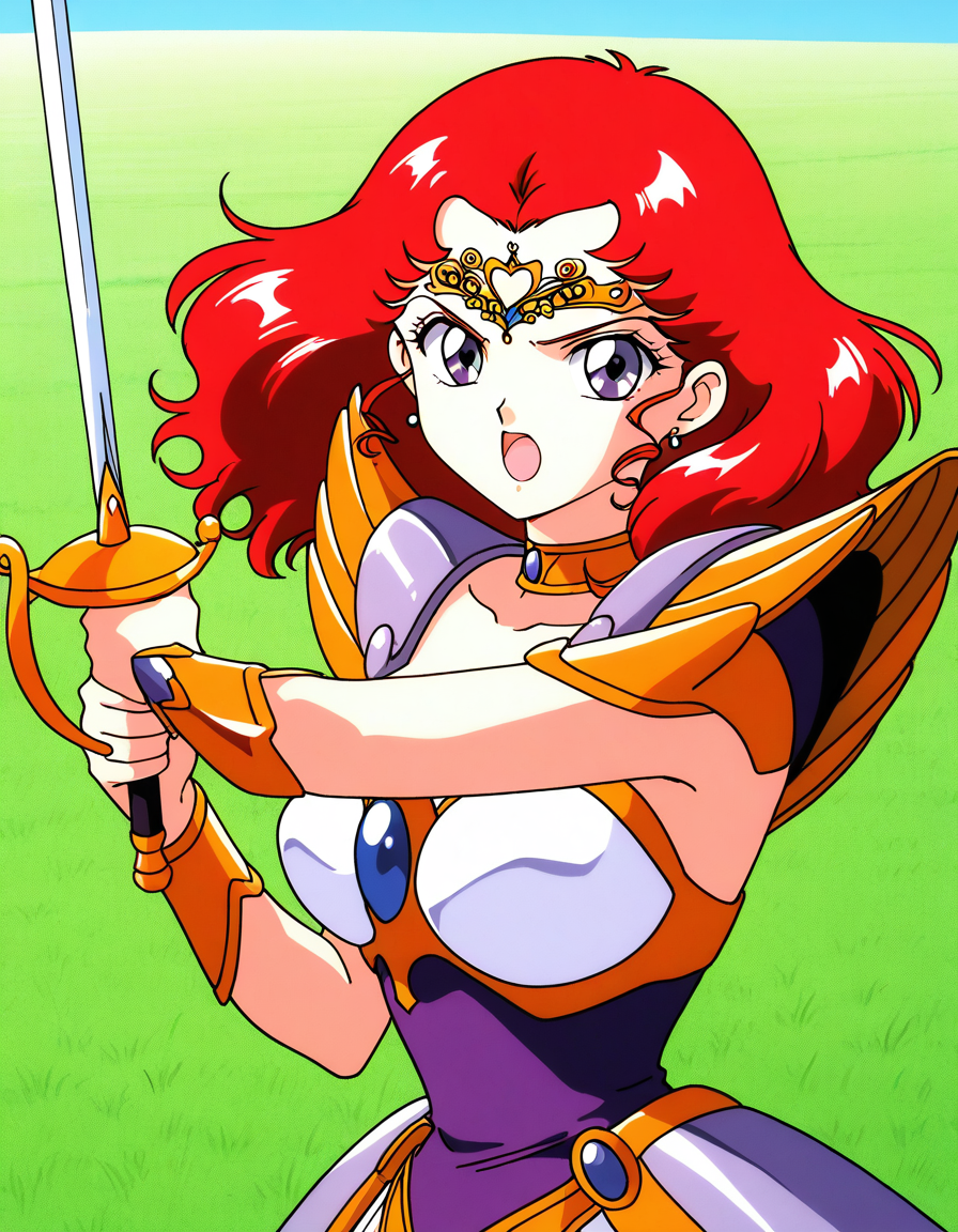 general,highres, ultra-detailed,very aesthetic,best quality ,best hands,  BREAK <lora:Scarlett_ohara_IS:1> Scarlett_ohara, 1girl,solo, red hair, long hair, purple eyes, breasts, 1990s (style), anime coloring, 
weapon, sword, solo, armor, short hair, jewelry, open mouth, choker, tiara, earrings, rapier, holding, blue eyes, shoulder armor, parody,
 holding weapon, heart, looking at viewer, circlet,
day, say,  grass,