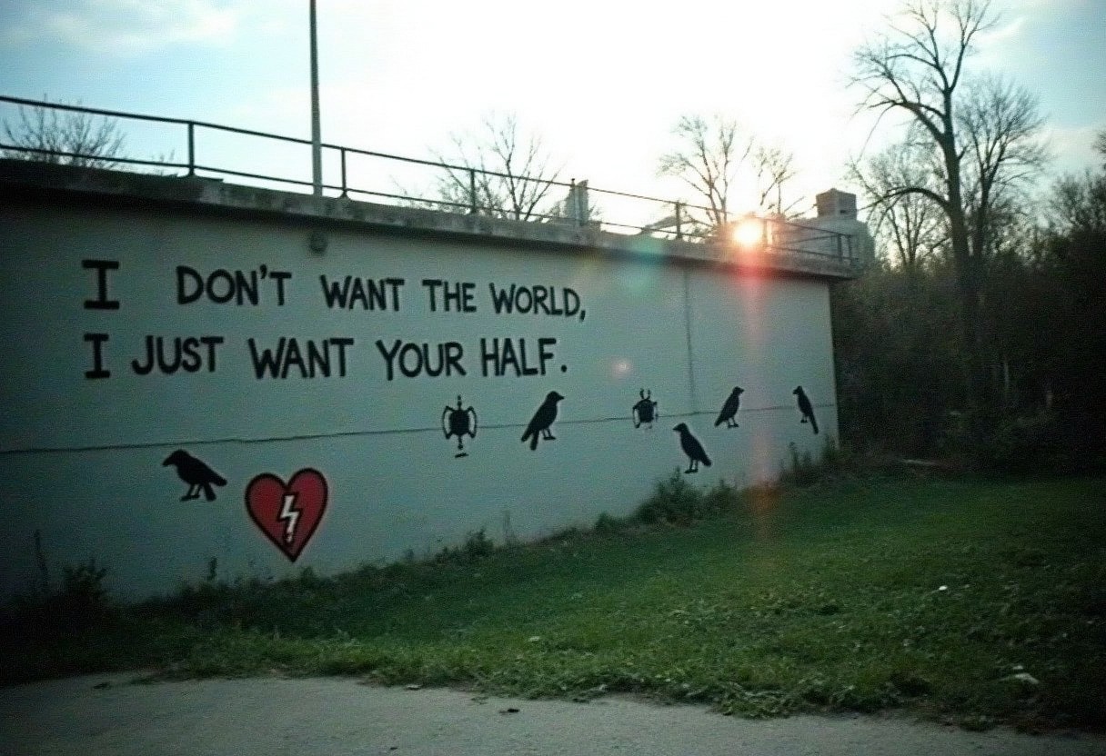 An amateur picture of a bridge with graffitti writting on it, writted "I don't want the World, i just Want your Half" moody hues, Low resolution, v8s, Lens flare, moody tones. Industrial looking place with some sad old trees, crows and symbols painted around, a broken heart beside the words, Analog distortion