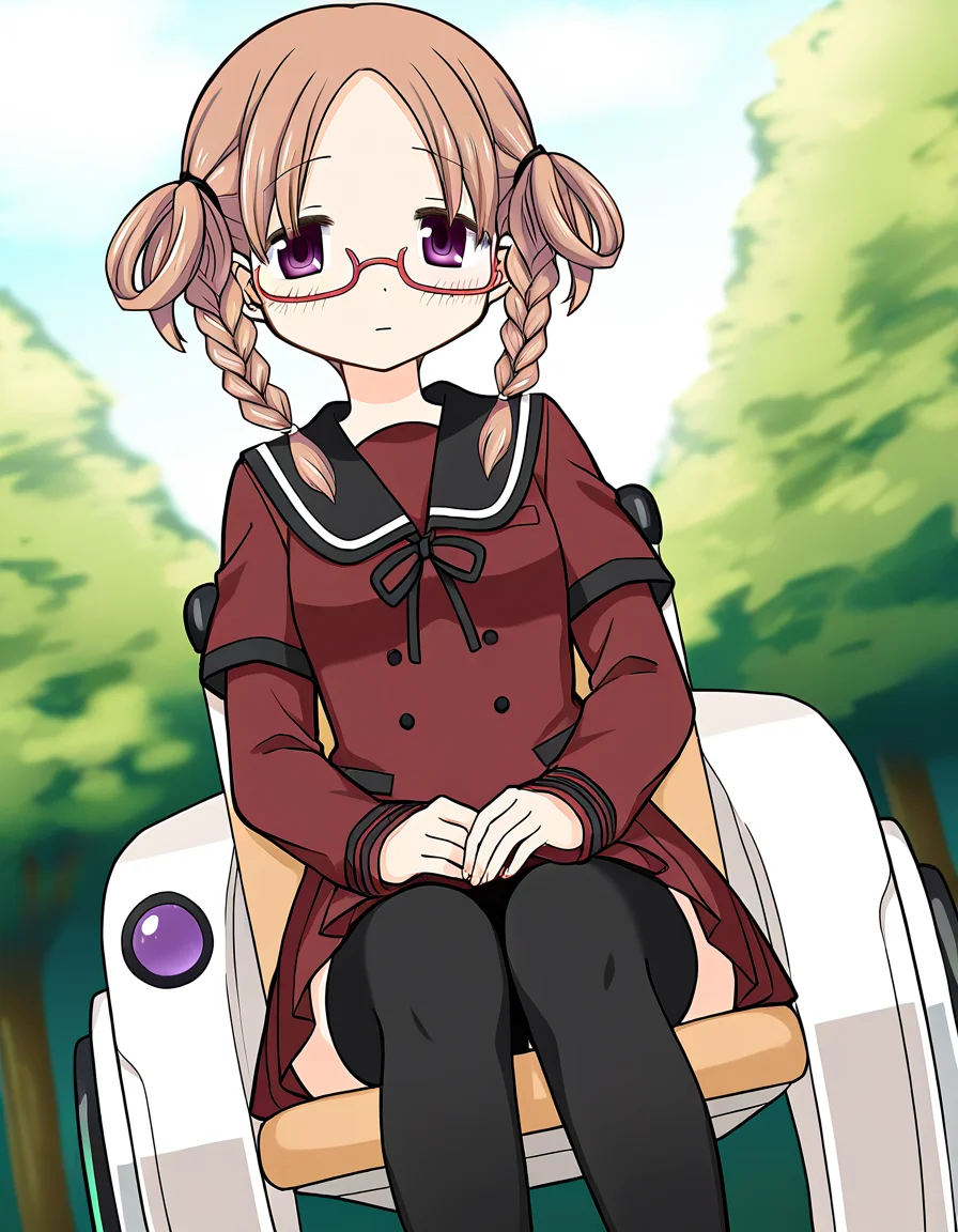 masterpiece, best quality, newest, absurdres, highres, safe, 1girl, hiiragi nemu \(school uniform\), magia record: mahou shoujo madoka magica gaiden, black thighhighs, powered wheelchair, outdoors, dutch angle, <lora:hiiragi_nemu_noobaiXLNAIXL_vPred10Version:0.7>