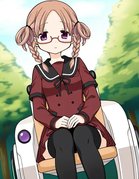 masterpiece, best quality, newest, absurdres, highres, safe, 1girl, hiiragi nemu \(school uniform\), magia record: mahou shoujo madoka magica gaiden, black thighhighs, powered wheelchair, outdoors, dutch angle, <lora:hiiragi_nemu_noobaiXLNAIXL_vPred10Version:0.7>