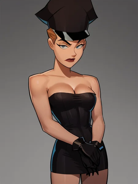 score_7_up, score_8_up, score_9, masterpiece, perfect face, perfect hands, high quality, source_anime, (1girl, solo,) <lora:Mercy_Graves_-_Justice_League_DC:1> mercygraves, brown hair, short hair, hat, black micro dress, strapless, bare shoulders, cleavage, black gloves,