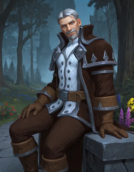 masterpiece, best quality, newest, detailed background, intricate details, male focus, realistic, solo, <lora:World of Warcraft - Genn Greymane - Illustrious-000005:0.7>, genn_g, 1boy, mature male, grey hair, very short hair, mustache, beard, blue eyes, brown overcoat, white jacket, white shirt, brown gloves, brown belt, brown pants, brown boots, outdoors, kingdom, houses, trees, , flowers, colorful plants, sitting on stone bench, from side, head tilt, looking at viewer, smirk