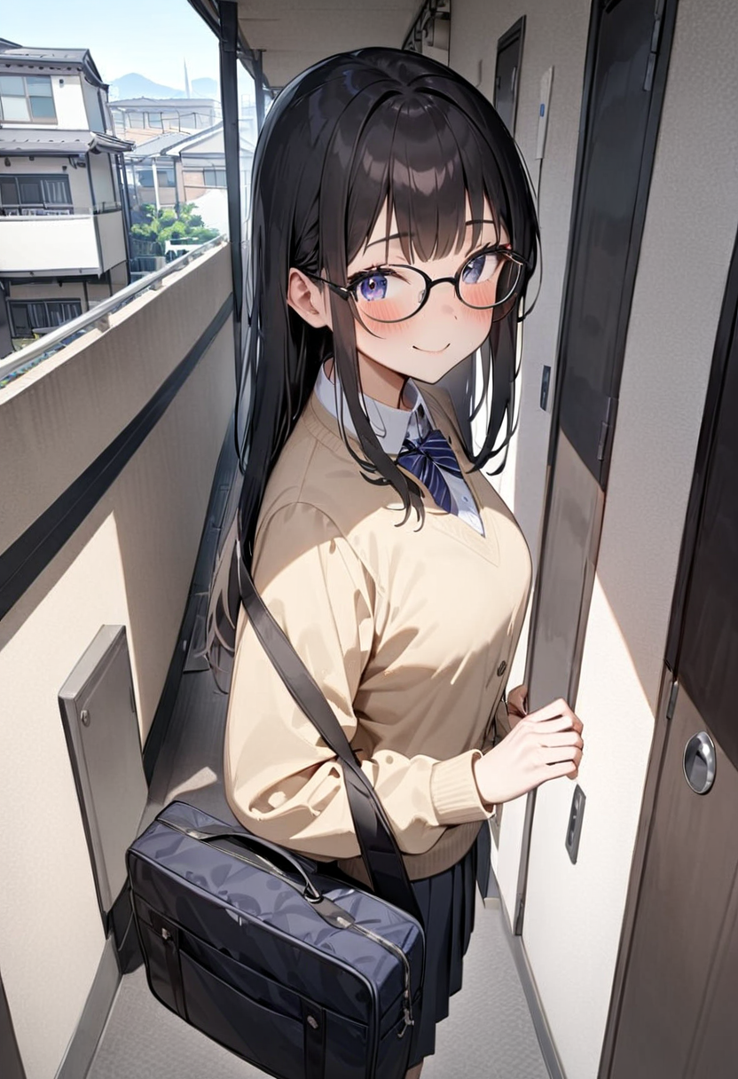 masterpiece, best quality, very aesthetic, absurdres,
1girl, glasses, black hair, long hair, school uniform, school bag, smile, blush, solo focus, standing, looking at viewer, 
rouka, hallway, scenery, window, building, day, sky, door, outdoors, blue sky, cityscape, city, real world location, 
 <lora:JProuka_apartment_hallway_SDXL_V1:1>