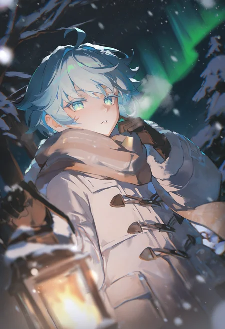 very awa, masterpiece, best quality, newest, absurdres, highres, <lora:artist_niukou_kouzi_vpred_v2:1>
chongyun \(genshin impact\), solo, snow, lantern, fire, dim lighting, dark theme, winter, night, breath, parted lips, gloves, snowing, scarf, bokeh, close-up, alternate costume, winter coat, dim lighting, aurora, forest, night sky, star \(symbol\), holding up, hand up, blurry foreground, wind, dutch angle,