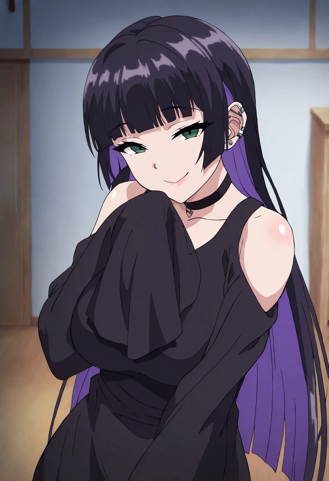 masterpiece, best quality, anime coloring, shiny skin, <lora:antechinusStyle_illusXL_Incrs_v2-000016:1>, 1girl, pa-san, green eyes, purple colored inner hair, ear piercing, hime cut, choker, black dress, long dress, shoulder cutout, sleeves past fingers, indoors, seductive smile,