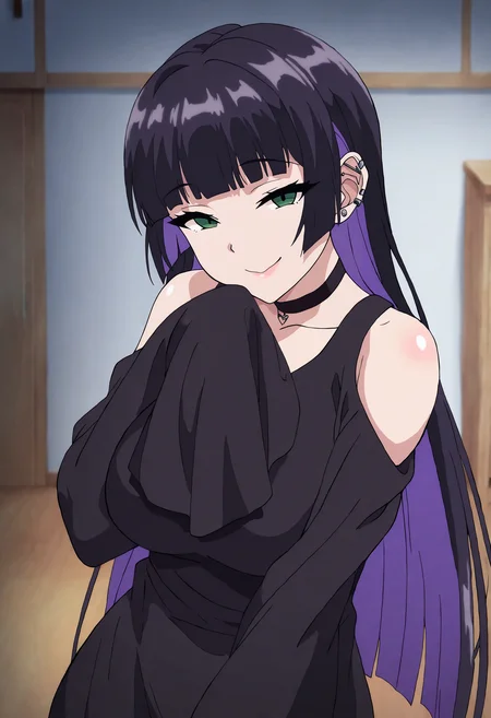 masterpiece, best quality, anime coloring, shiny skin, <lora:antechinusStyle_illusXL_Incrs_v2-000016:1>, 1girl, pa-san, green eyes, purple colored inner hair, ear piercing, hime cut, choker, black dress, long dress, shoulder cutout, sleeves past fingers, indoors, seductive smile,