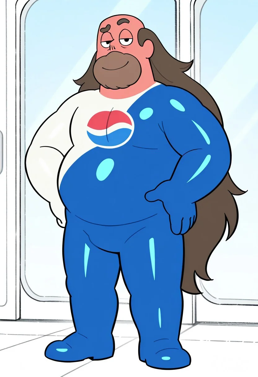 detailed background, GregUIL, 1boy, male focus, fat, beard, black eyes, long hair, brown hair, solo, mature male, fat, chubby, masterpiece, perfect quality, best quality, detailed, newest, very aesthetic, smile, p3psim4n, two-tone body, shiny bodysuit, full body, bulge, looking at viewer, half-closed eyes, smile, raised eyebrow,