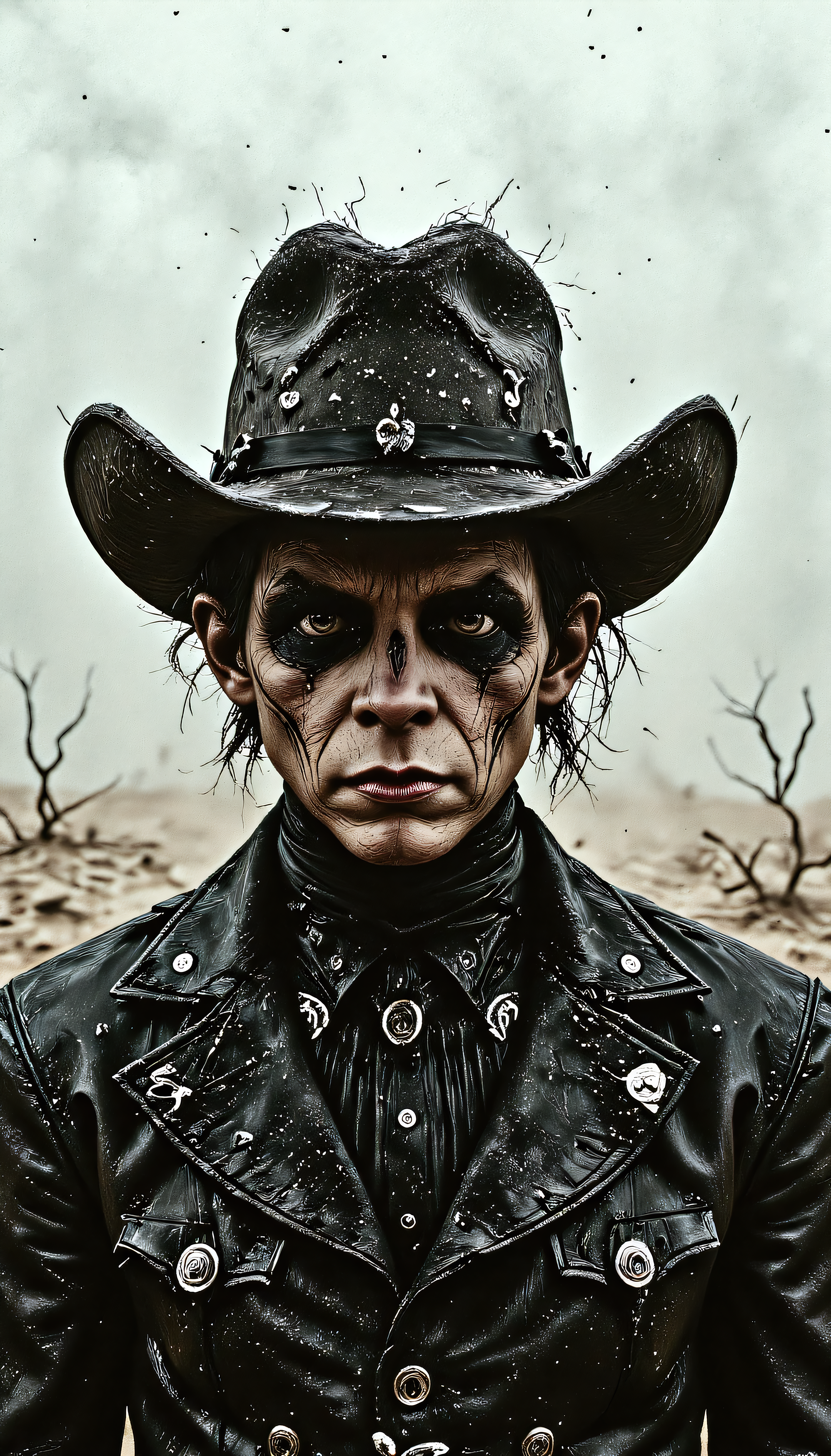 devast8, a closeup portrait of a cowboy in a dust storm, horror themed, focus on face, thorough, grim,