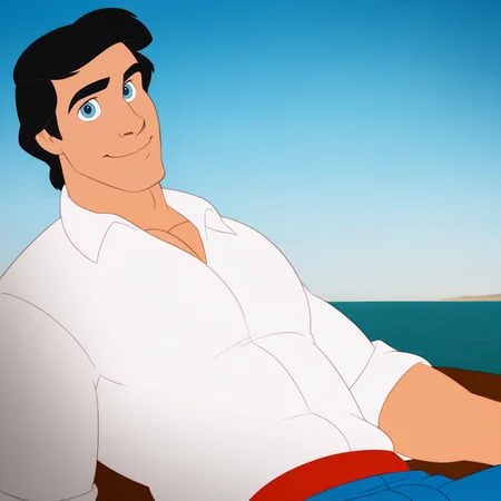 pr1nc3r14, black hair, blue eyes, 1boy, male focus, bara, solo, close up, upper body, sitting, on boat, day, sky, ocean, clear sky, dynamic light, sunlight, white shirt, blue pants, red belt, looking at viewer, light smile, relaxed, relaxing,   <lora:Prince_Eric:1>