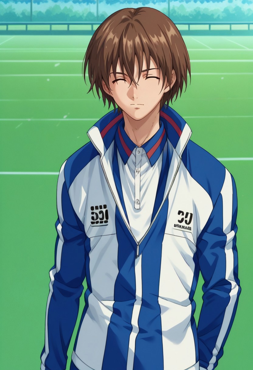 score_9, score_8_up, score_7_up, source_anime, highly detailed, 
shusuke, 1boy, male focus, solo, brown hair, hair between eyes, closed eyes, sportwear, jacket, track jacket, track suit, track pants, stand,
outdoor