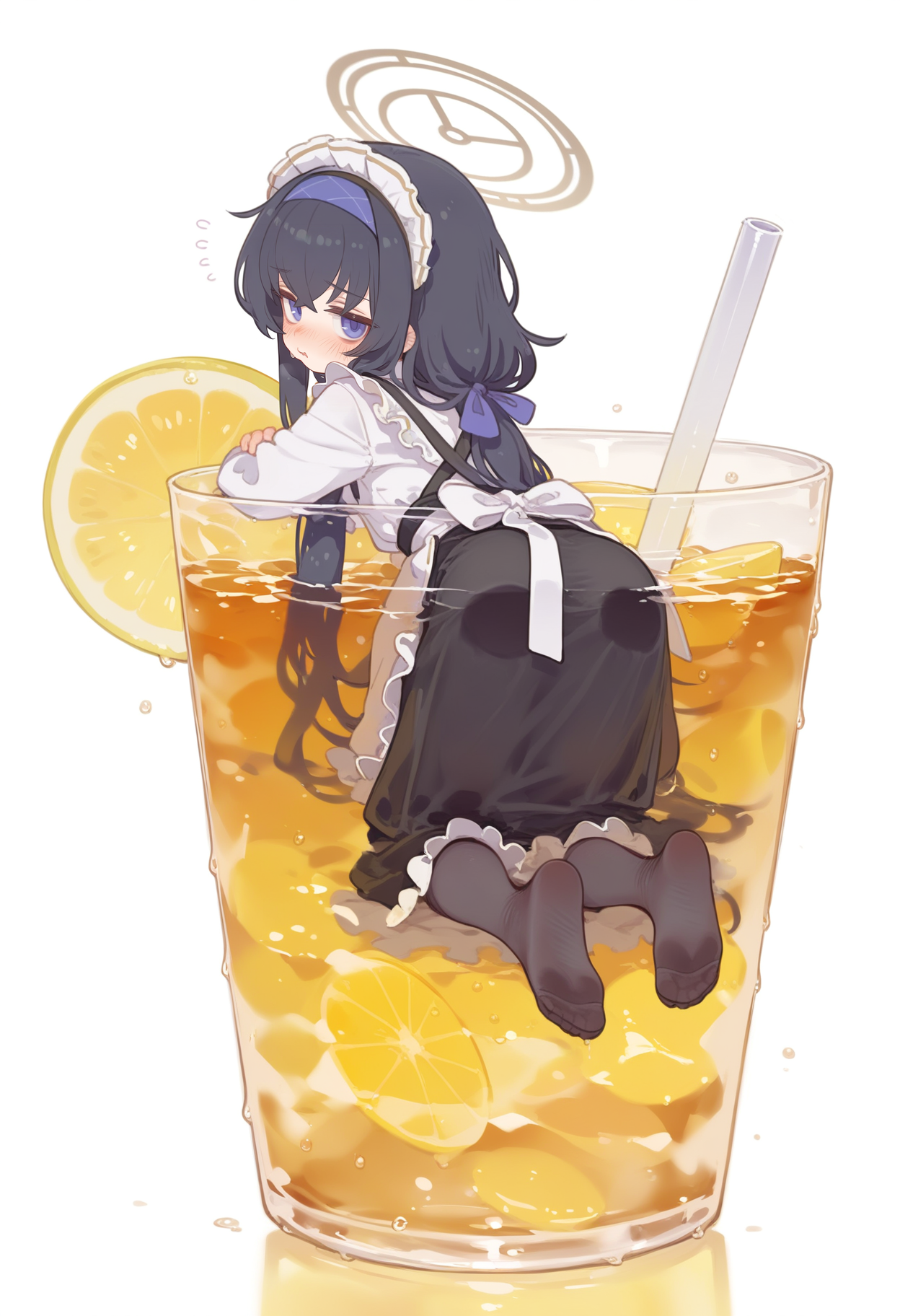 E_0x0194_type4,
ui \(blue archive\), 1girl, solo, long hair, looking at viewer, blush, blue eyes, simple background, shirt, skirt, black hair, white background, dress, purple eyes, white shirt, pantyhose, frills, hairband, food, alternate costume, looking back, from behind, black dress, halo, apron, feet, cup, black pantyhose, maid, maid headdress, fruit, soles, no shoes, flying sweatdrops, white apron, waist apron, drinking glass, drinking straw, ice, enmaided, drink, blue hairband, lemon, ice cube, lemon slice, in cup,
, masterpiece, best quality, good quality,
<lora:ai_styles_collection_noob_v29_v5:1>