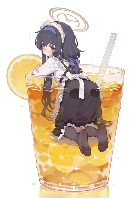 E_0x0194_type4,
ui \(blue archive\), 1girl, solo, long hair, looking at viewer, blush, blue eyes, simple background, shirt, skirt, black hair, white background, dress, purple eyes, white shirt, pantyhose, frills, hairband, food, alternate costume, looking back, from behind, black dress, halo, apron, feet, cup, black pantyhose, maid, maid headdress, fruit, soles, no shoes, flying sweatdrops, white apron, waist apron, drinking glass, drinking straw, ice, enmaided, drink, blue hairband, lemon, ice cube, lemon slice, in cup,
, masterpiece, best quality, good quality,
<lora:ai_styles_collection_noob_v29_v5:1>
