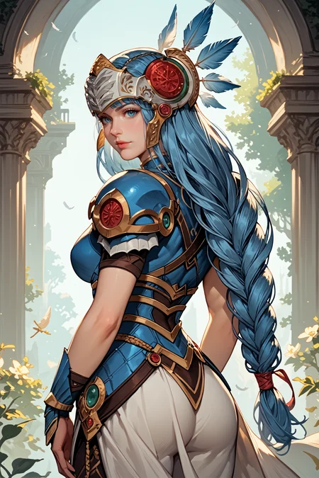 score_9, score_8_up, score_7_up,
<lora:VPLenneth:0.9>
VPLenneth, 1girl, long hair, braid, blue hair, blue eyes, looking at viewer, armor, helmet, feathers, from behind, looking at viewer