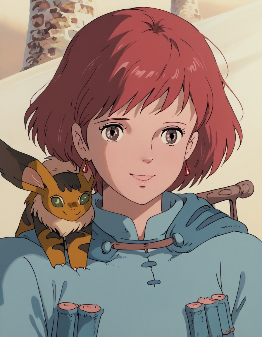 score_9, score_8_up, score_7_up, PrincessNausica, animal on shoulder, soft smile, portrait,