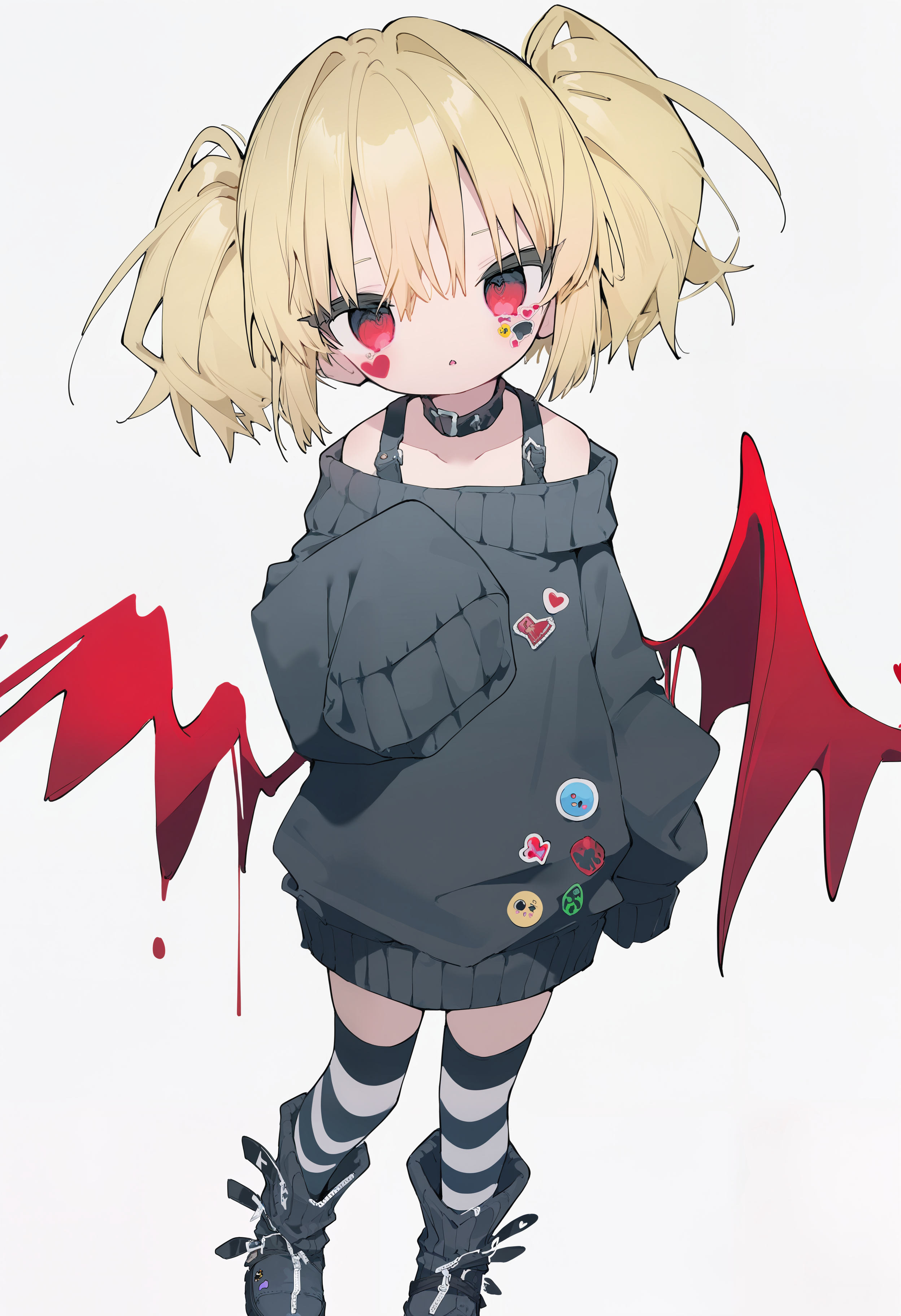 amazing quality, newest, absurdres, hires, chromatic abberation,  1girl, short hair, blonde hair, twintails, red eyes, choker, black sweater, oversized sweater, off-shoulder sweater, heart stickers, sticker on face, sleeves past wrists, zipper footwear, striped thighhighs, red wings, looking at viewer, parted lips,   <lora:NanmoKaken>