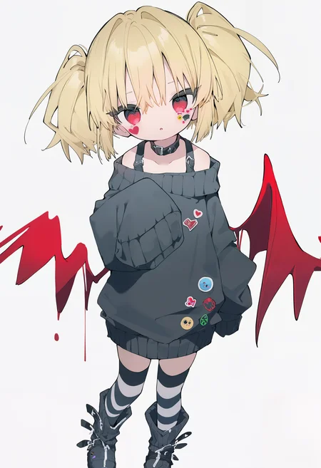 amazing quality, newest, absurdres, hires, chromatic abberation, 1girl, short hair, blonde hair, twintails, red eyes, choker, black sweater, oversized sweater, off-shoulder sweater, heart stickers, sticker on face, sleeves past wrists, zipper footwear, striped thighhighs, red wings, looking at viewer, parted lips, <lora:NanmoKaken>