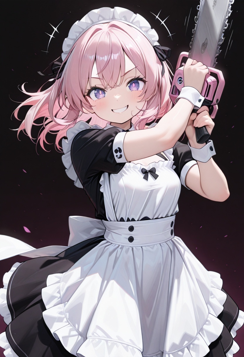 (masterwork, masterpiece, best quality, hyper-detailed, 8k uhd:1.4), 
1girl, solo, CivChan, purple eyes, pink hair, medium hair, maid uniform, standing looking sweet, coy, smiling sweetly, dark background, 
holding a chainsaw, motion line, motion blur, 
masterpiece, extremely aesthetic, highly detailed, dynamic composition, vibrant colors, vivid colors, saturated,
<lora:LoraILXL10_YamiStyle_v1:0.8> <lora:CivChan:1>