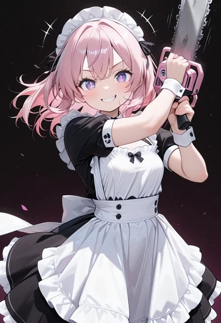 (masterwork, masterpiece, best quality, hyper-detailed, 8k uhd:1.4),
1girl, solo, CivChan, purple eyes, pink hair, medium hair, maid uniform, standing looking sweet, coy, smiling sweetly, dark background,
holding a chainsaw, motion line, motion blur,
masterpiece, extremely aesthetic, highly detailed, dynamic composition, vibrant colors, vivid colors, saturated,
<lora:LoraILXL10_YamiStyle_v1:0.8> <lora:CivChan:1>