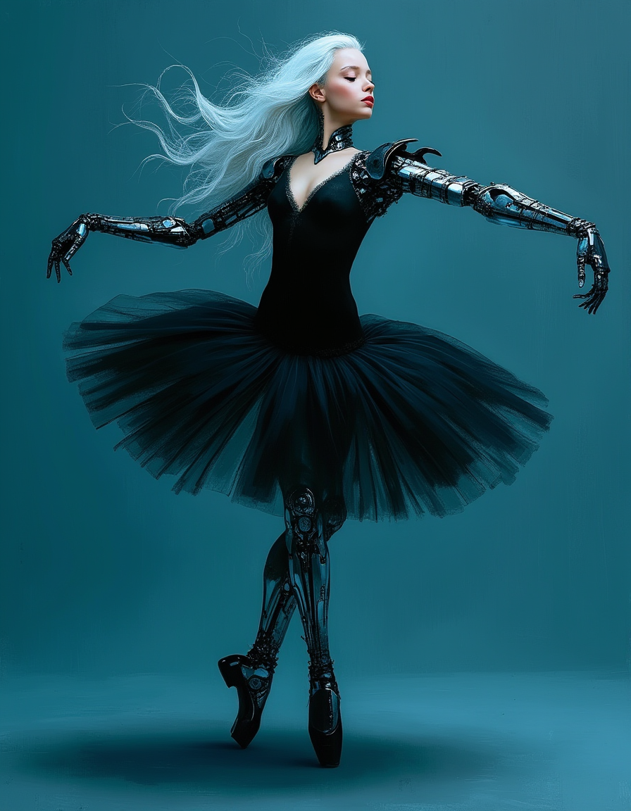 cinematic still Minimalist painting of a young teen cyborg ballet dancer by Albert Lynch, Abbott Handerson Thayer, highly detail, best quality, sci-fi, mechanical joints, mechanical arms, hands, and legs,  black tight bodysuit, black tutu, dark blue outline, dynamic balletic pose, black point shoes, dark blue outline, innocent, serene, white skin, pale skin, blue eyes, long flowing white hair, red lips, petite body, ultra detailed, romantic, Rembrandt lighting, brush strokes, warm light, magic, extremely coherent, cute, beautiful, cinematic, stunning, creative, positive, cheerful, unique, cool, inspiring, pure, rational, very inspirational, friendly, thought, glowing, magical, perfect, intricate, wonderful, lovely, del1cate_balance style, in the style of Rembrandt. vantablack <lora:style_of_Rembrandt_FLUX_135:.8> <lora:- Flux1 - vanta_black_V2.0:.8>  <lora:Delicate_Balance:.3> <lora:neeeg_f1:-1>
