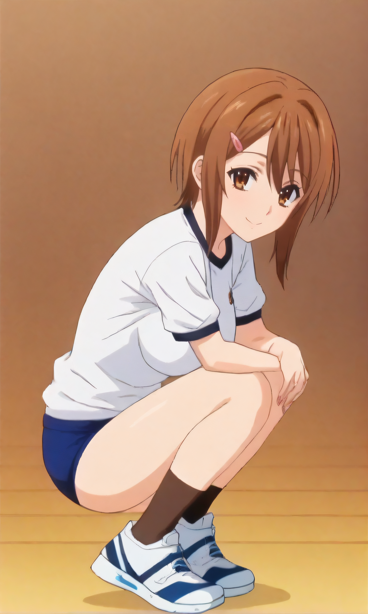 score_9, score_8_up, score_7_up, source_anime, rating_safe, intricate details, anime screencap, official style, anime coloring, 1girl, solo, <lora:DXD_Gym_Uniform:1>, dxdgymuni, white shirt, blue buruma, black socks,  white sneakers, indoor, looking at viewer, large breasts, full body, sitting, hands on knees, <lora:Kiryuu_Saori:1>, saori, brown eyes, brown hair, short hair, hairclip, from side, smile