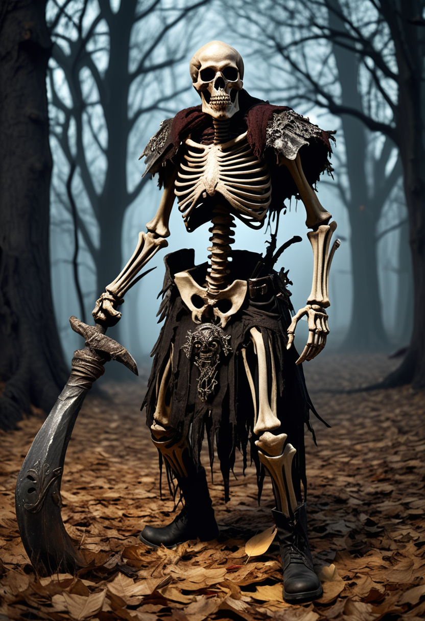 (medium full shot) of (terrifying skeleton)  berserker, wearing Bone necklace, decayed kilt, tattered boots, leather gauntlets, holding wielding rusted flail, set in the cursed lands, in  a haunted skeletal forest, with shadows lurking behind every tree, and the ground covered in a carpet of fallen leaves , at night,  ,Masterpiece,best quality, raw photo, realistic, very aesthetic