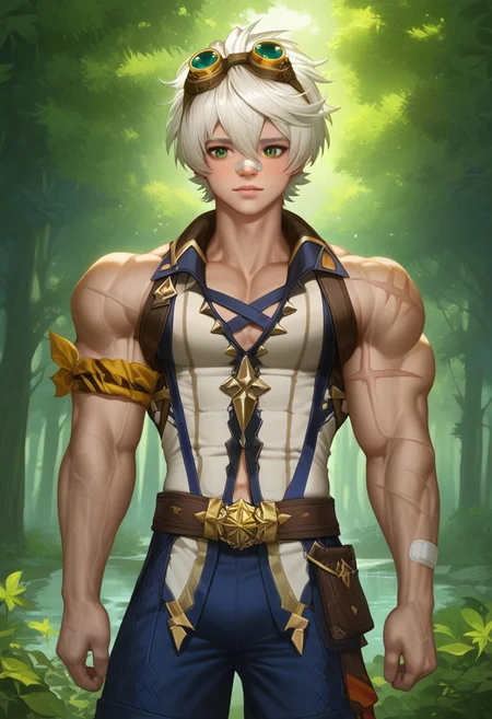 score_9, score_8_up, score_7_up, masterpiece, best quality, lots of details, close-up, ((1boy)), solo, male focus, leaning back, shaded, detailed shading, detailed skin, shaded skin, realistic shading, Expressiveh, standing in Forest, outdoors, Expressiveh, bennett, green eyes, white hair, hair between eyes, short hair, bangs, googles, 
 goggles on head, bandaid on face, bandaid on nose, sleeveless,scar, scar on arm,shorts, tight clothes, huge muscles, front view, shirtless