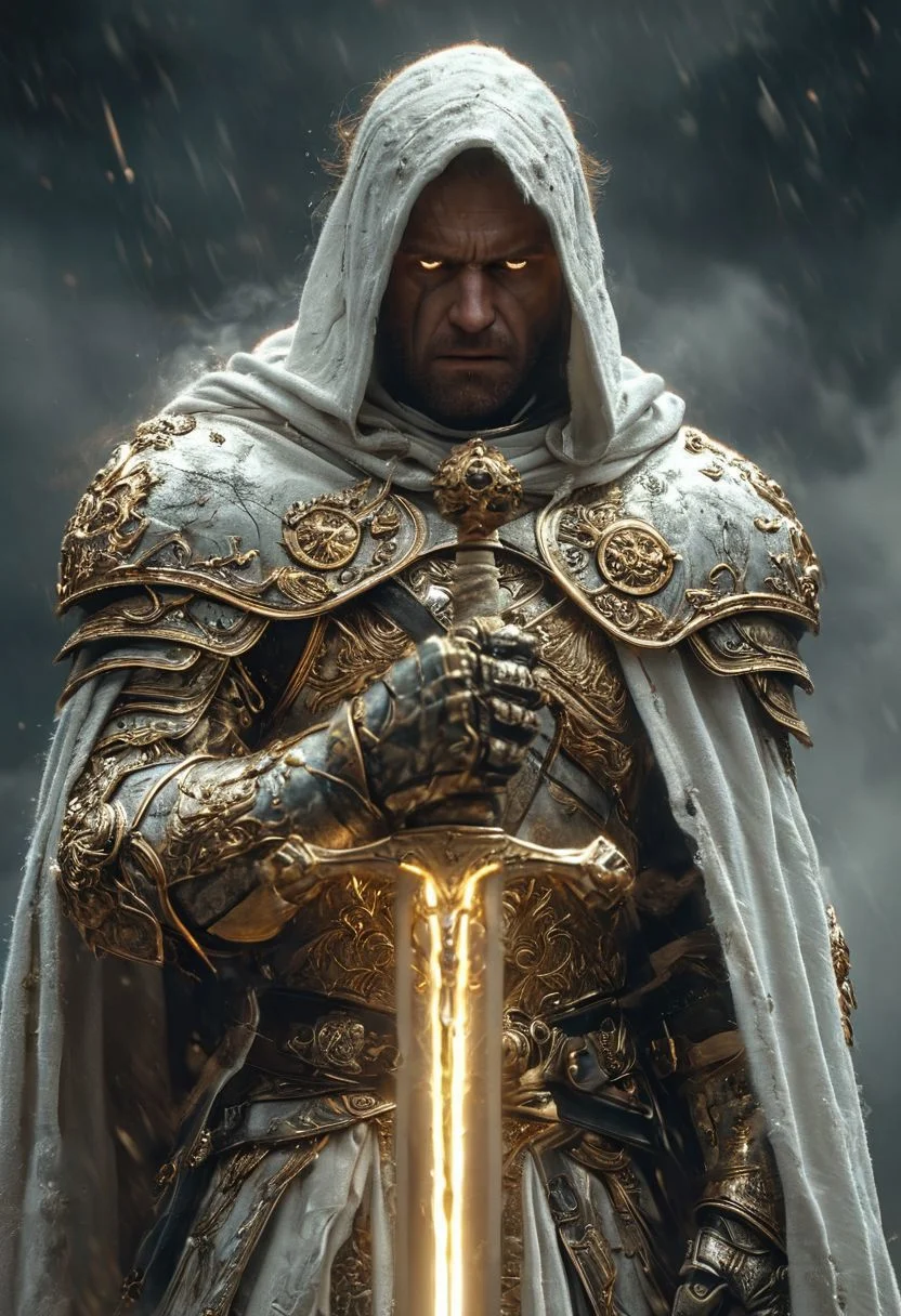 A stunning, highly detailed dark fantasy full body illustration of a proud angelical warrior wearing intricate medieval white HKStyle armor and a grim warrior face, holding a great golden glowing sword, golden and blue glooming eyes, very wide shoulders, wearing big gauntlets, epic composition. The warrior stands heroic with a flowing cloak and white hood during a storm with foggy gloom, thunderclouds in the background. The scene depicts him with brooding emotional agony. style by Greg Rutkowski, by Milo Manara and Russ Mills, with insanely intricate details and textures, gloomy dramatic lighting, 8K resolution
