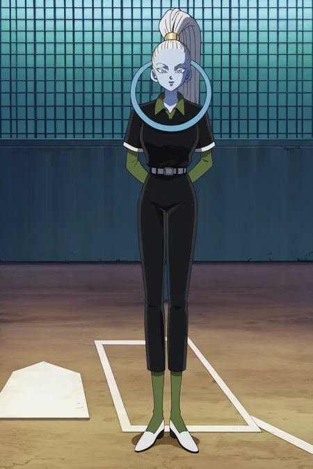 source_anime, score_9, score_8_up, score_7_up, anime screencap,8k, absurd res,
vados \(dragon ball\), high ponytail, hair pulled back, baseball outfit, 1girl, solo, very long hair, looking at viewer, standing, full body, white hair, short sleeves, earrings, belt, black pants, black shirt, short over long sleeves, colored skin, arms behind back, white footwear, blue skin, collared shirt, neck ring, pantyhose, green legwear, green topwear, long sleeves, undershirt, shoes, baseball base, baseball stadium, white trim, purple lips
<lora:vados_pony_v1:0.8>